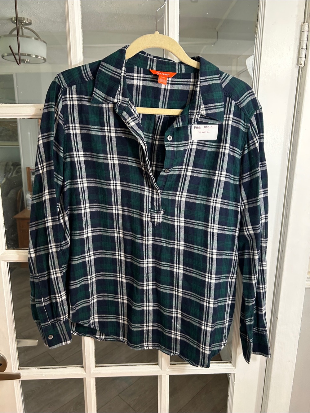 O66. Button-Front Green & Navy Plaid Shirt